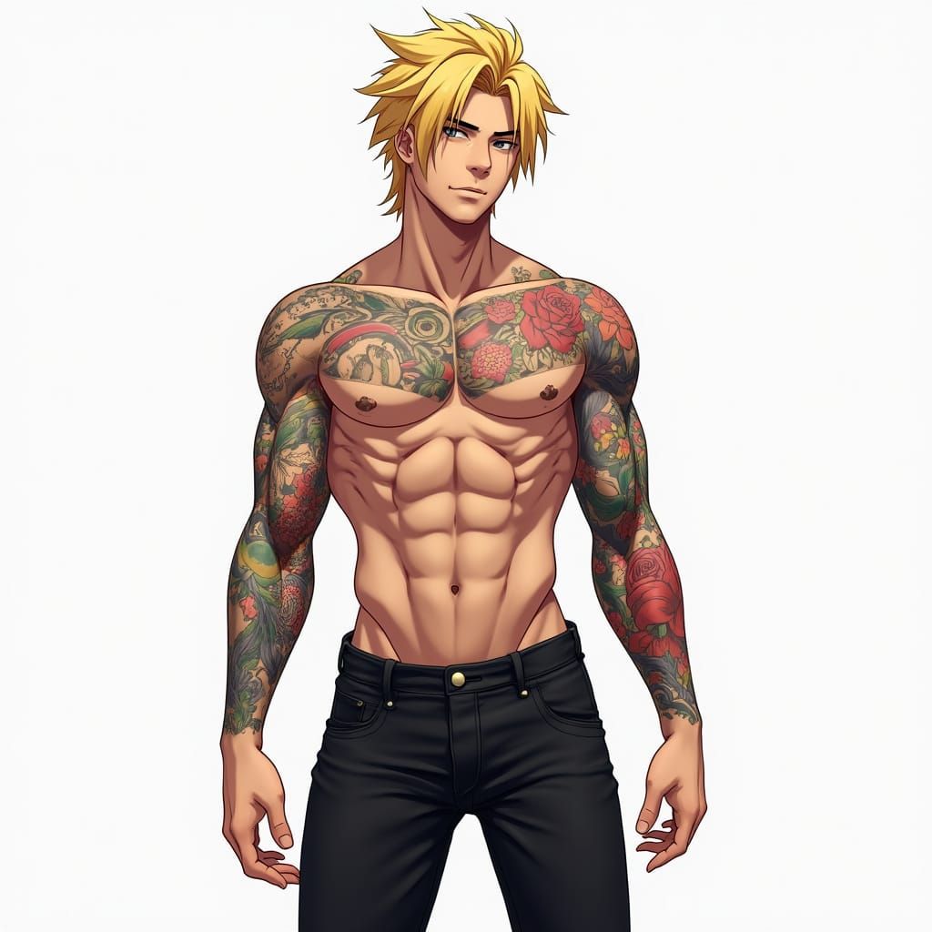 Chiseled Male with Blonde Hair and Intricate Tattoos in Slee...