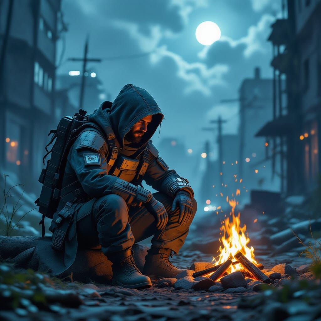 Post-Apocalyptic Survivor by Campfire in Ruined City