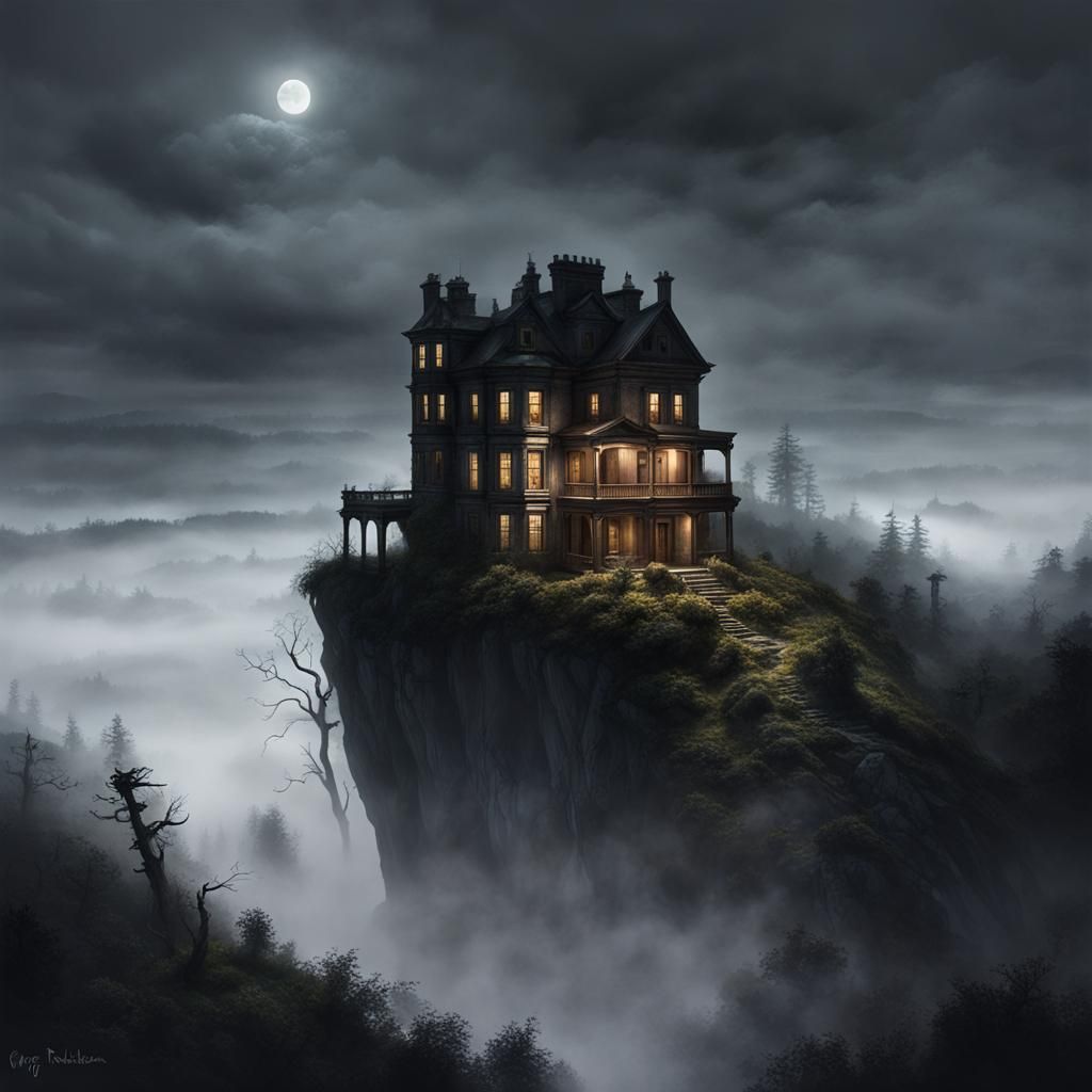 Sinister Mansion Overlooking Misty Valley