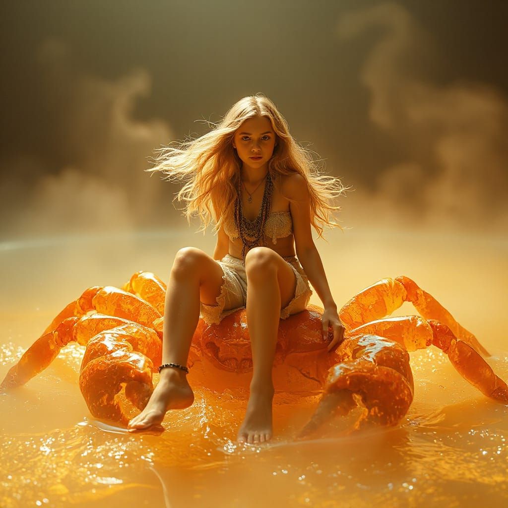 Woman on Gummy Crab in Soda Sea, Neon Futurism Style