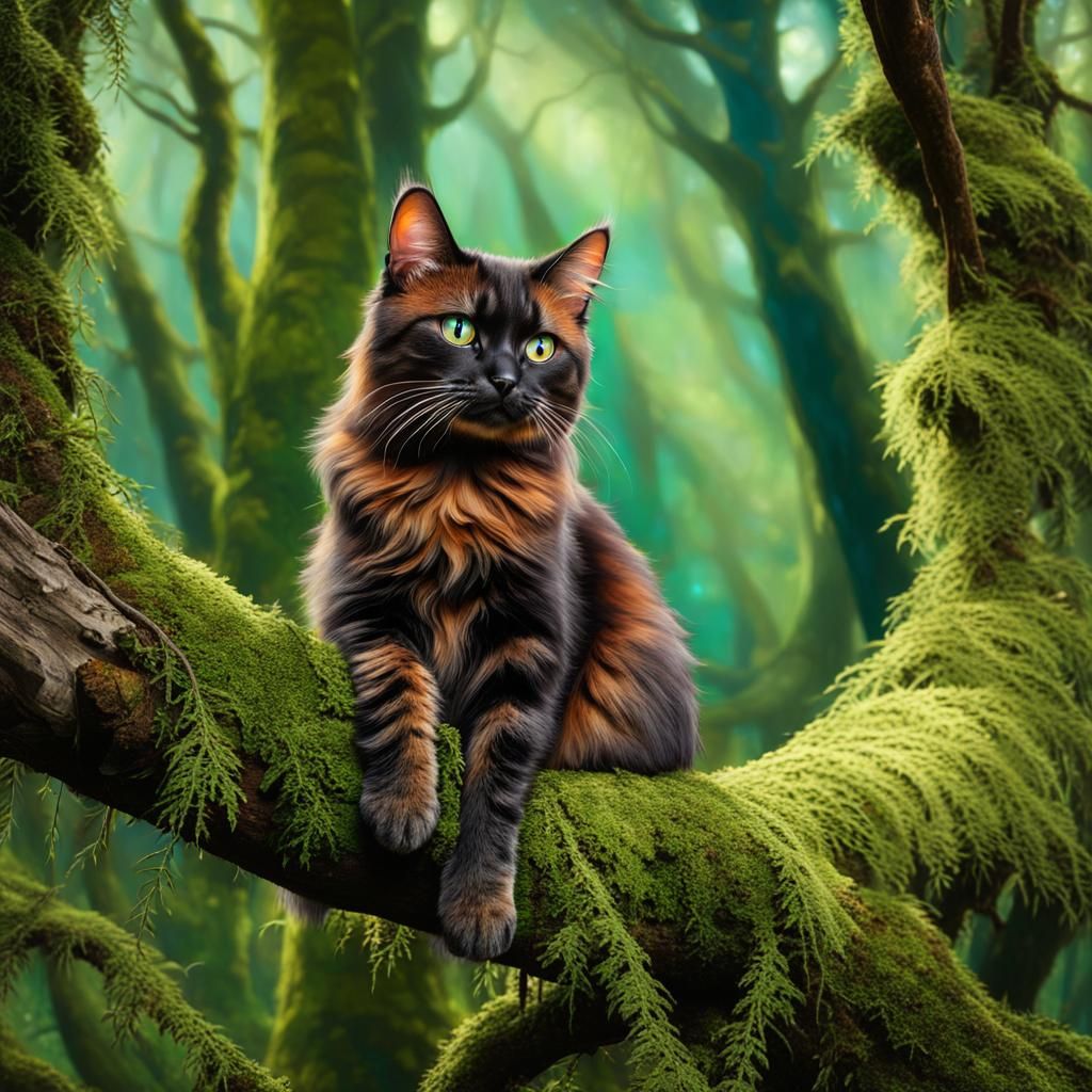 Tortoiseshell Cat in Enchanted Forest Clearing