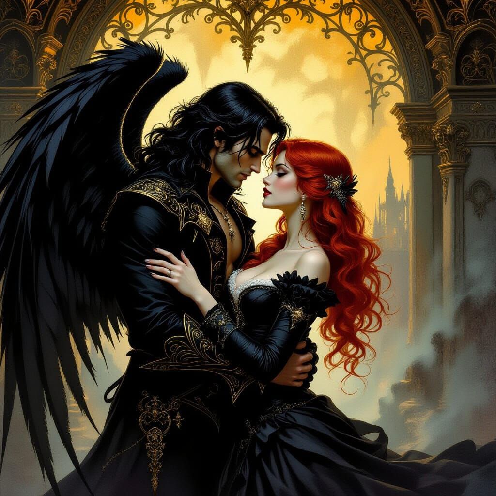 Dark Angel Seduces Mortal Woman in Gothic Setting
