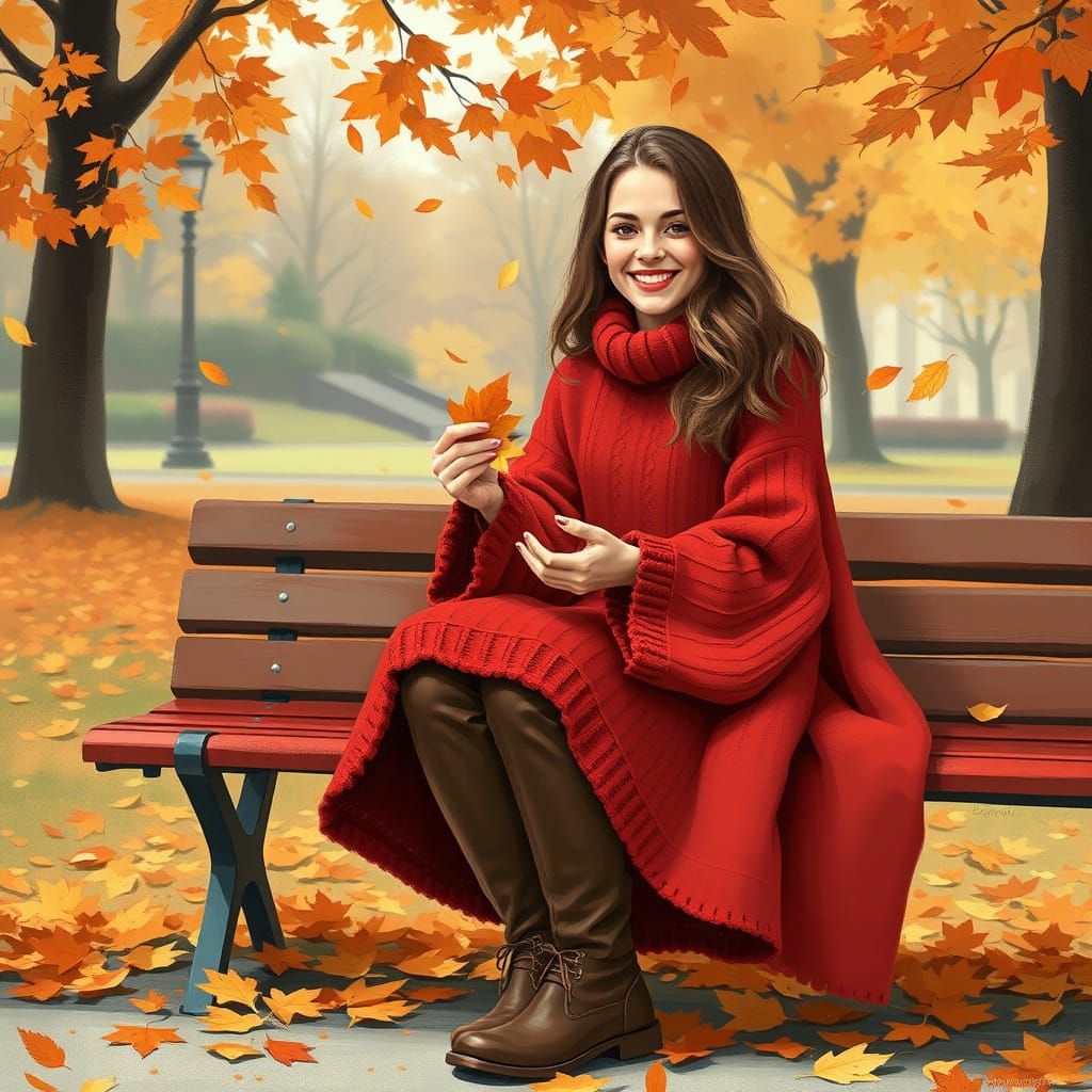 Woman in Red Sweater Enjoying Autumn Park