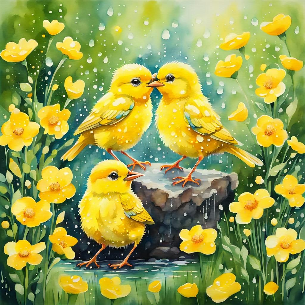 Yellow Birds Kissing in Dewy Flower Garden Painting