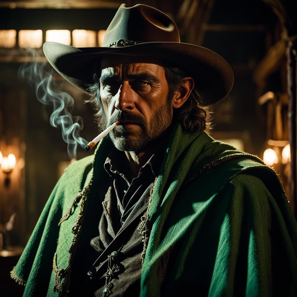 Gritty Half-Elf Gunslinger in Dark Fantasy Saloon