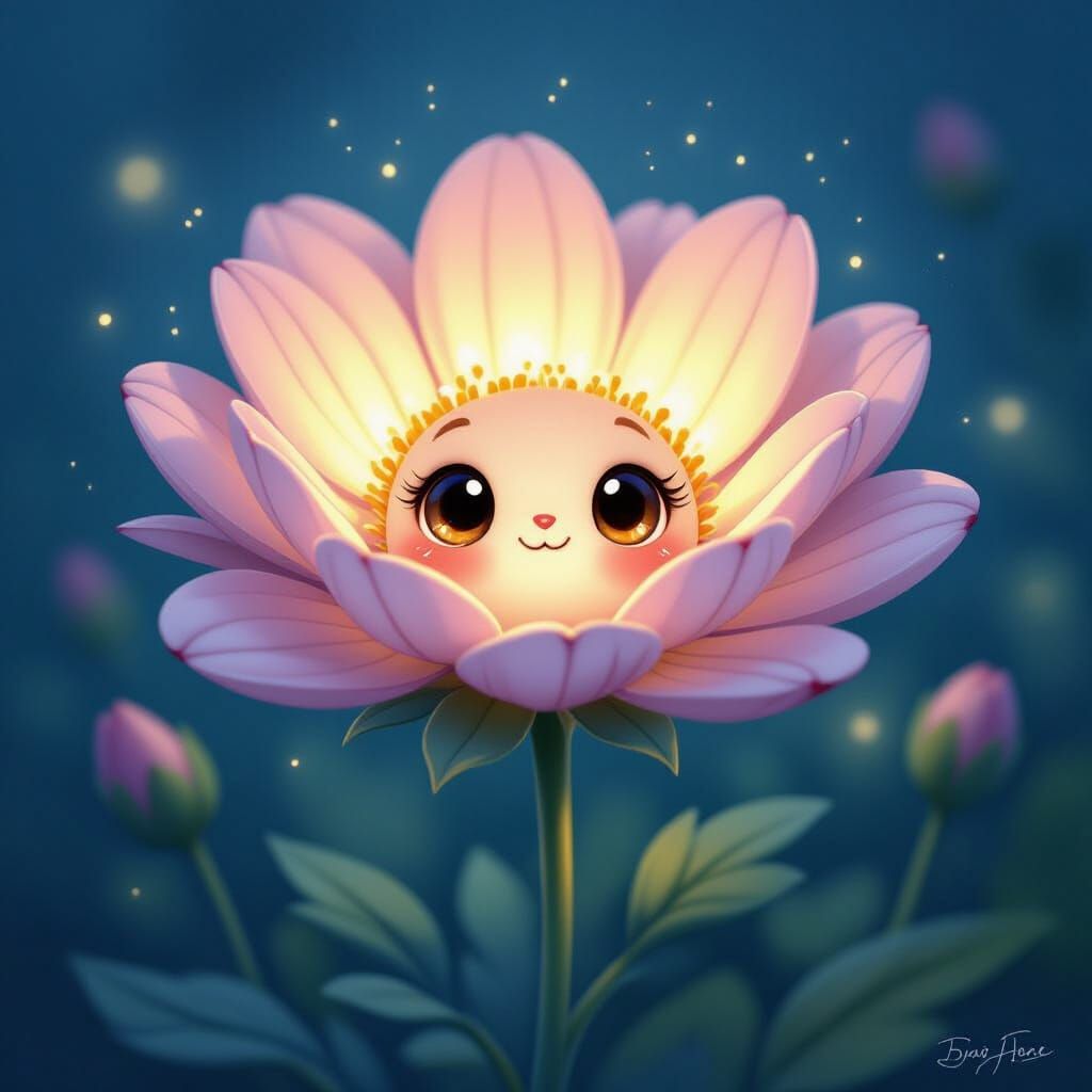 Whimsical Flower with Face in Twilight Glow