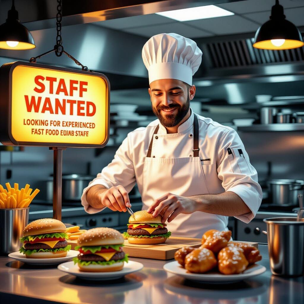 Chef Prepares Food with Job Ad, Digital Art Style