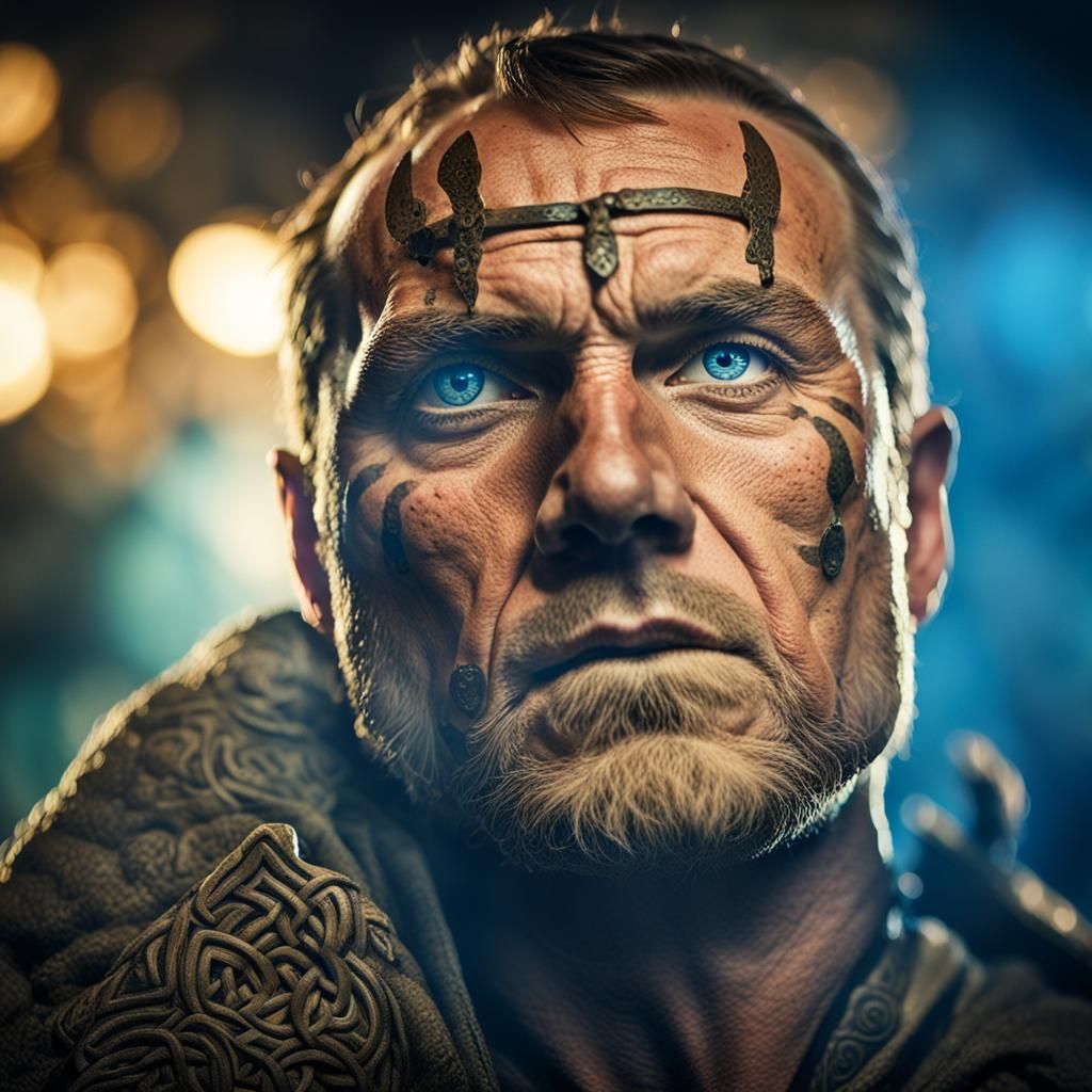 Intense Celtic Warrior Portrait in Earthy Tones