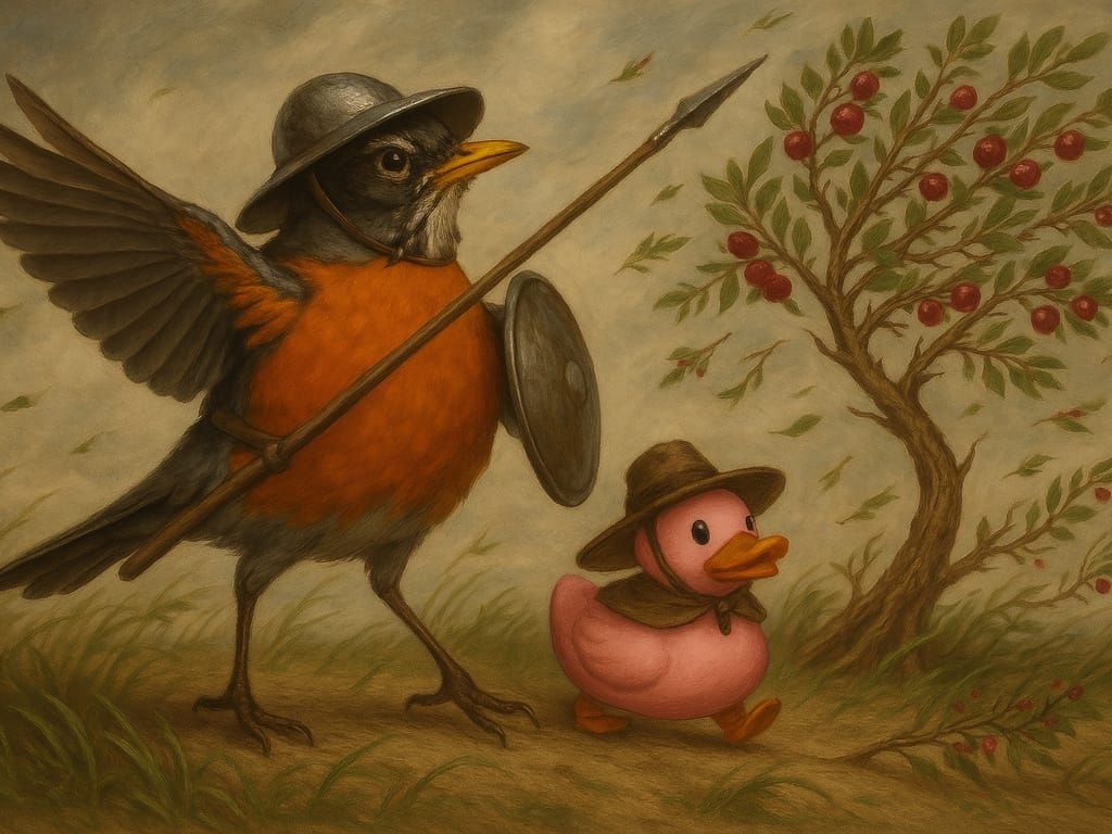 American Robin and Duck in Armor on a Cranberry Quest