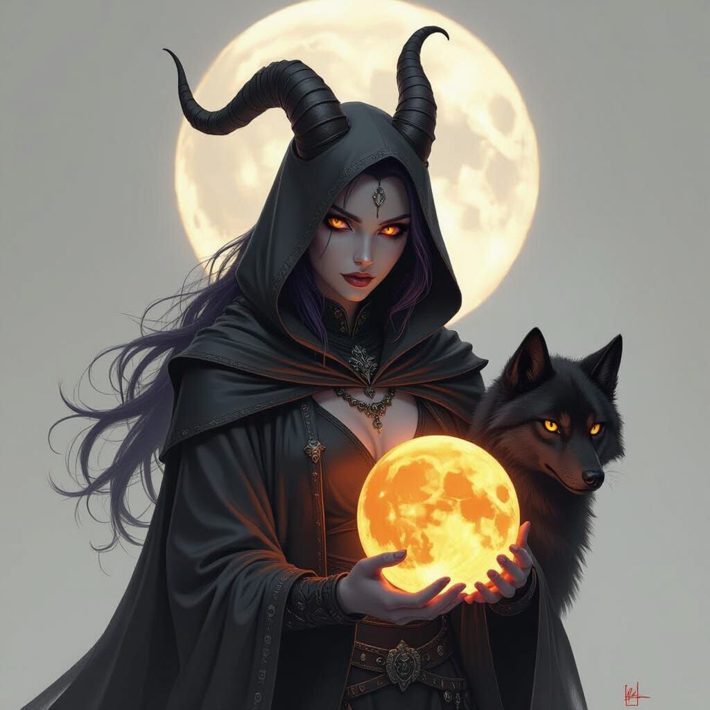 Shadow Witch with Wolves Holding Sun and Moon