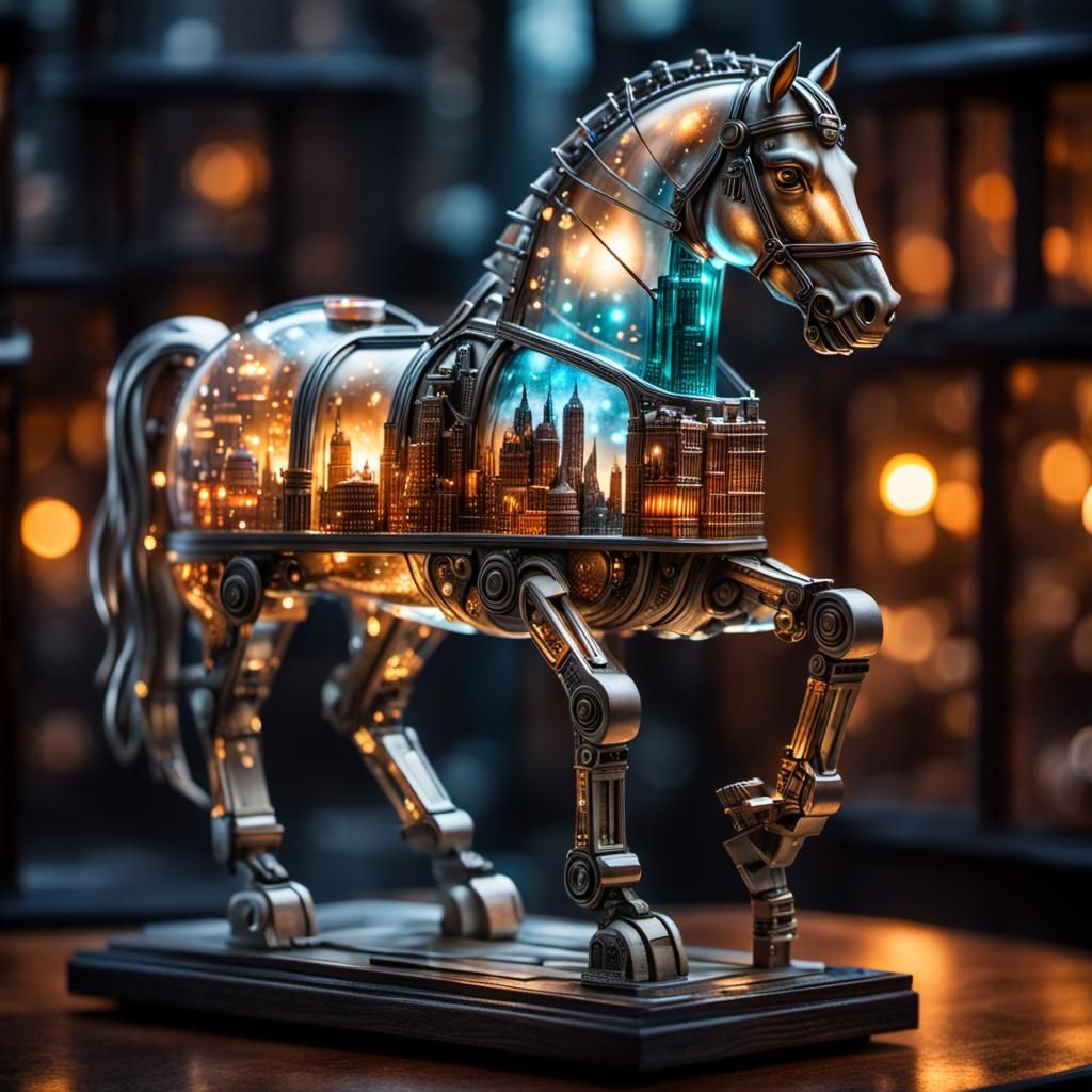 Steampunk Glass Trojan Horse with Miniature City