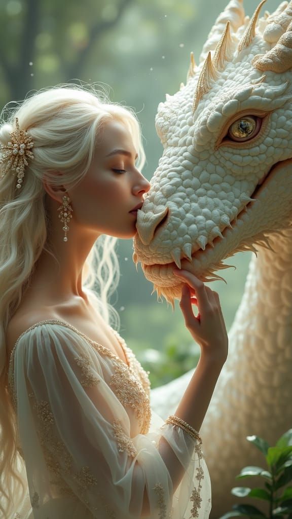 Woman and Dragon in Dreamy Forest Setting