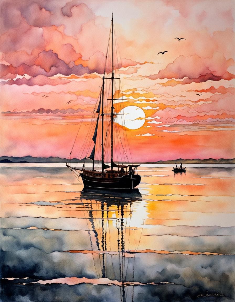 Ocean Sunrise with Sails as Watercolor Art