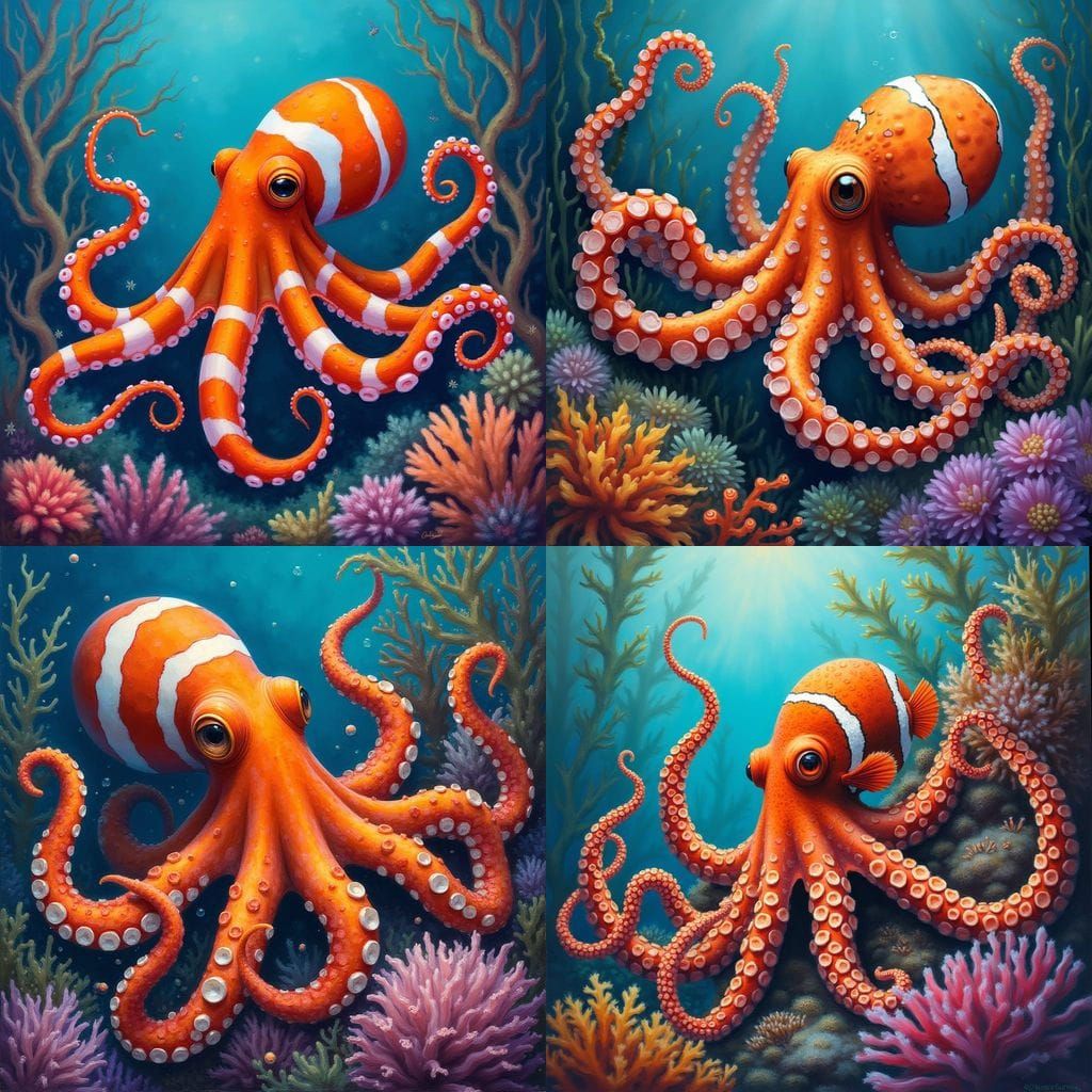 Octopus with Clownfish Markings Amidst Coral Reef