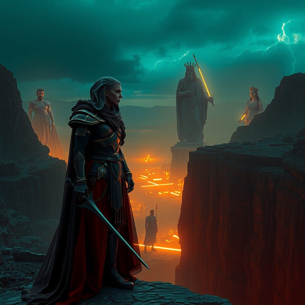 Cyberpunk Warrior Surveys Futuristic Valley