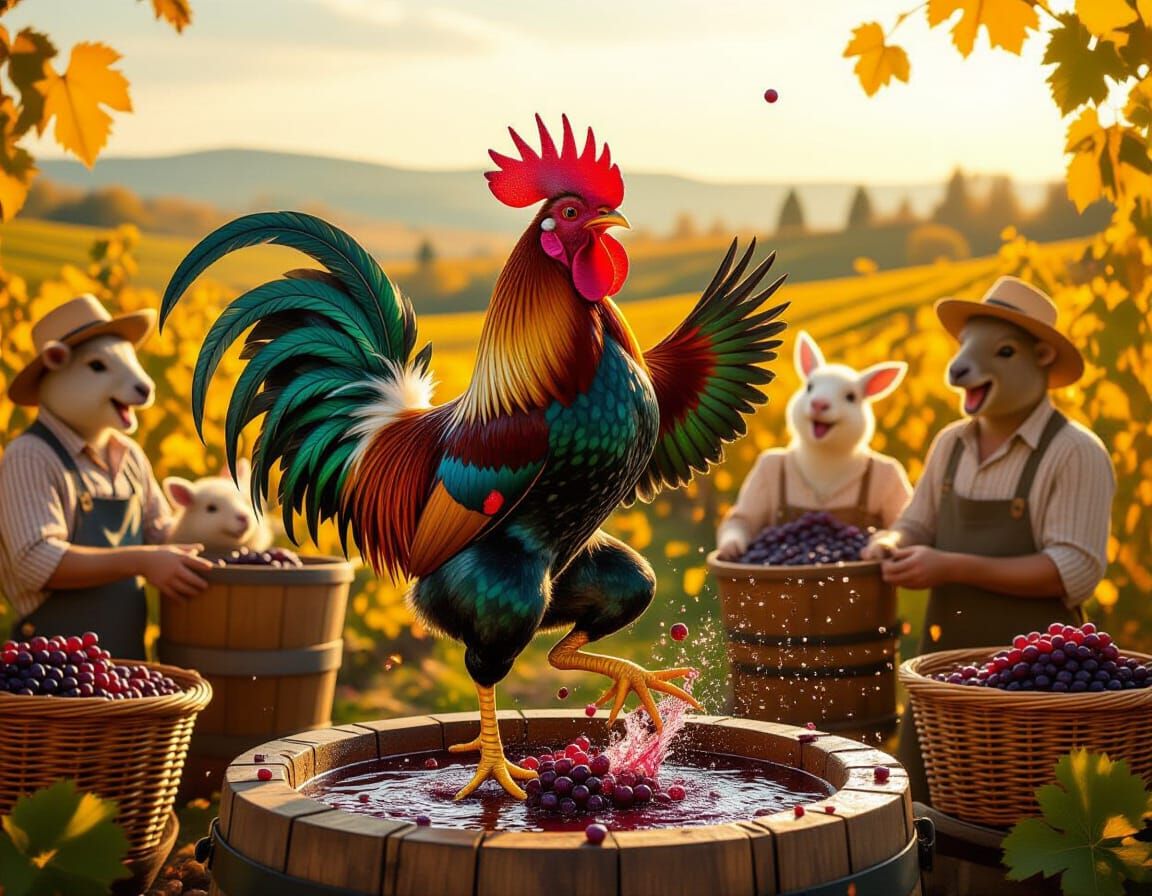 Farmer Rooster Joyfully Makes Wine in Autumn Harvest Celebra...