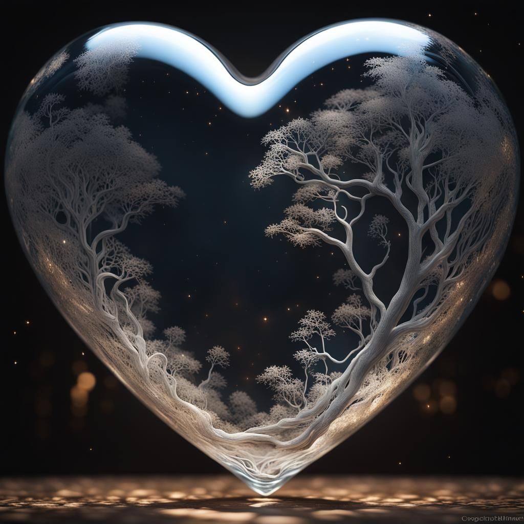 Trail Inside Glass Heart with Silhouette and Space