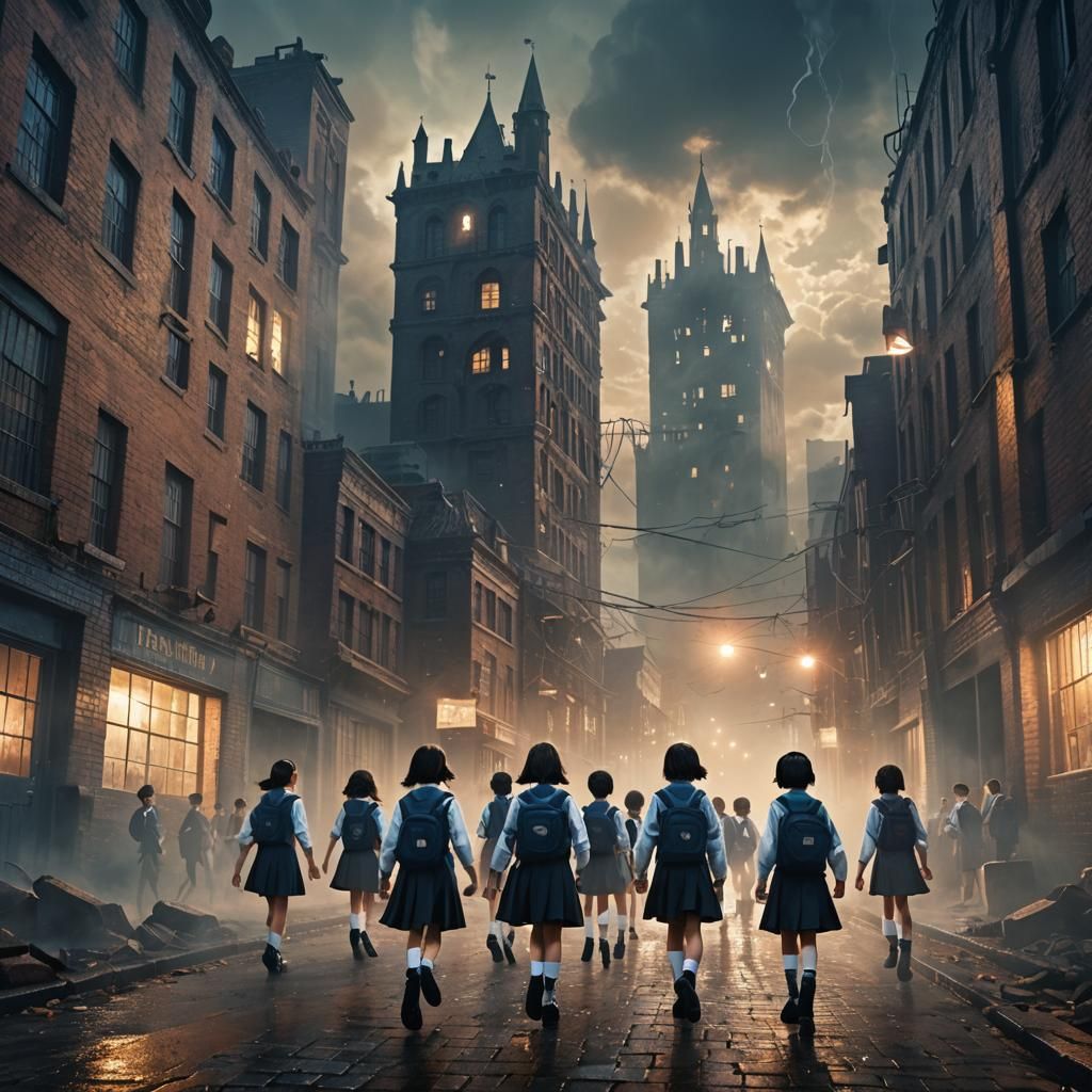 Eerie Cityscape with Marching Children in Dark Fantasy Style