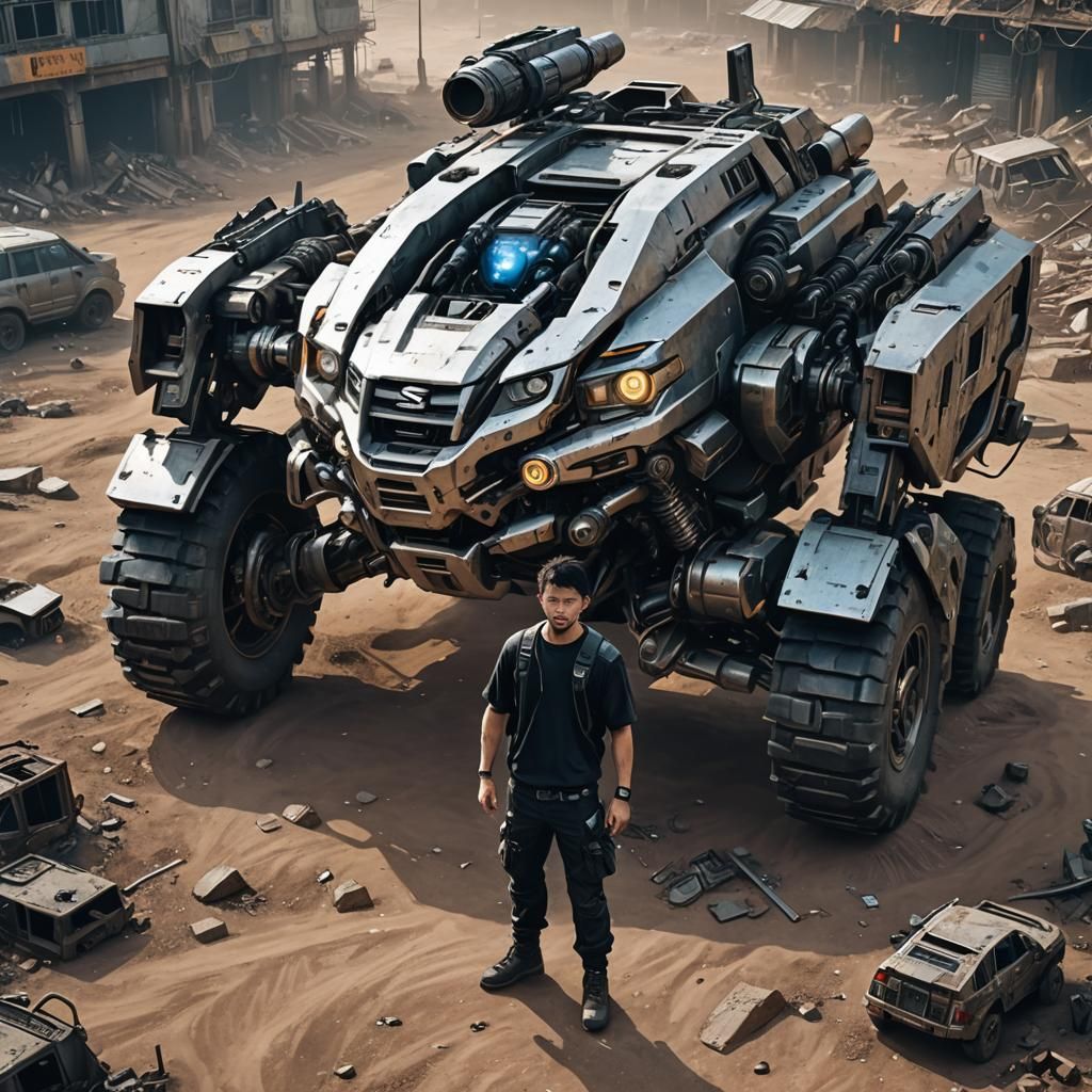 Cyberpunk Mech Transformation in Post-Apocalyptic Wasteland