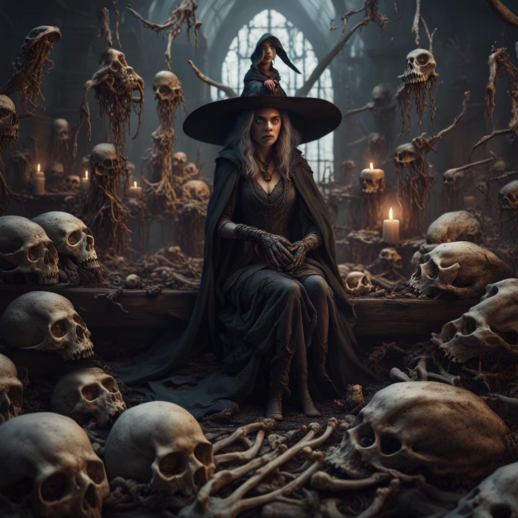 Eerie Witch Surrounded by Bones: Detailed Matte Painting