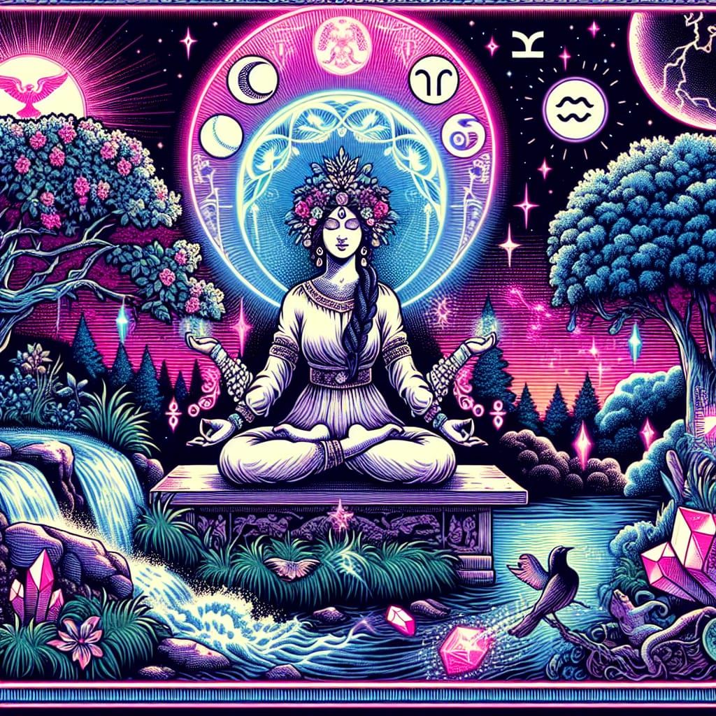 Divine Female in Yoga Pose with Neon Synthwave