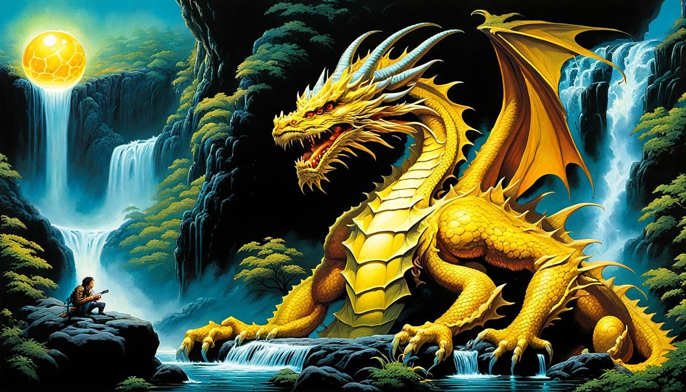 Dragon Guarding Orb by Waterfall in Black Light Style