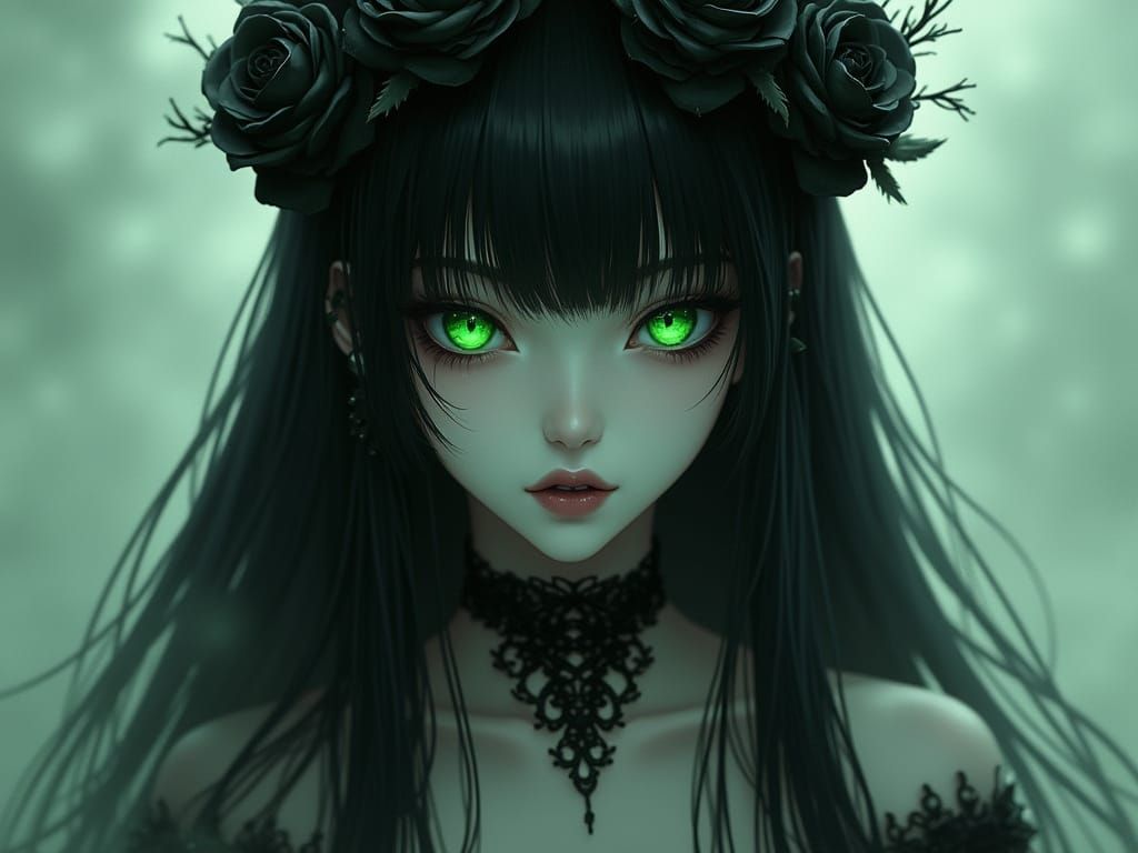 Gothic Waifu Portrait with Black Roses and Mist