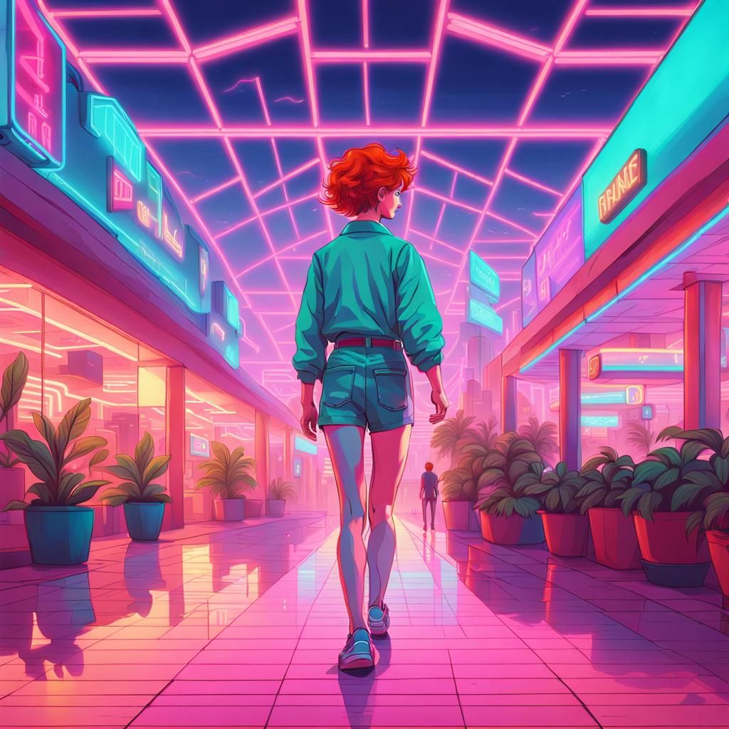 Redhead Girl in Retrowave Mall: Synthwave Surrealism