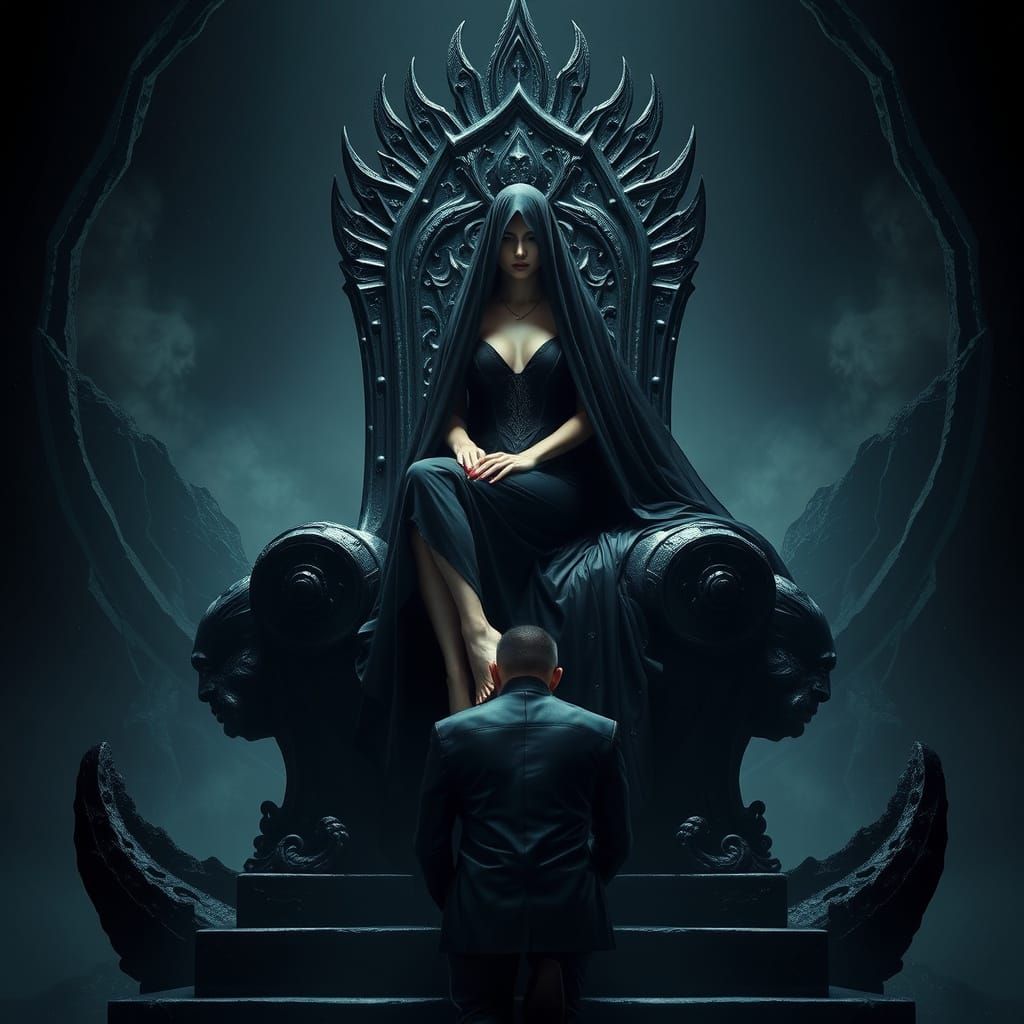 Regal Figure on Obsidian Throne in Dark Futurism Style