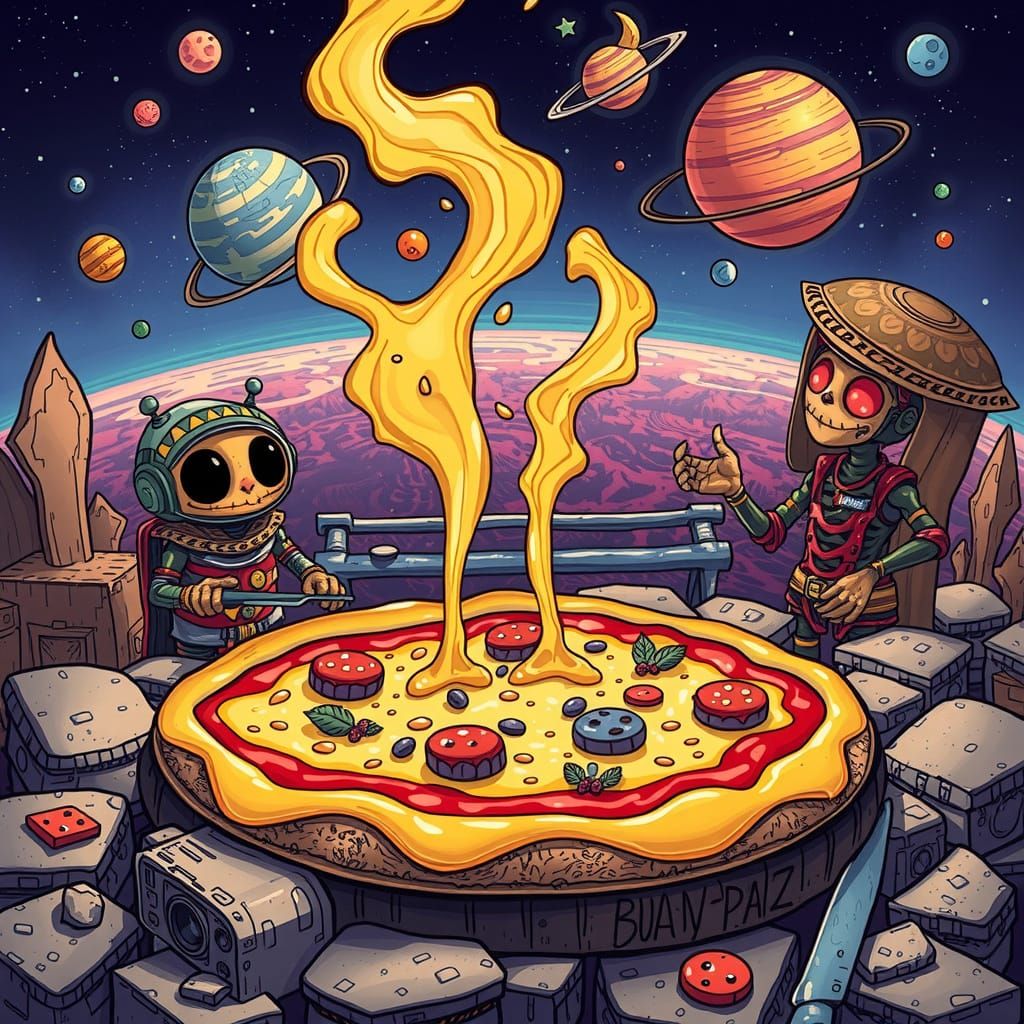 Fantastical Pizza Feast on Alien Planet