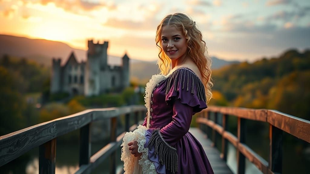 Woman in 18th Century Costume at Sunset