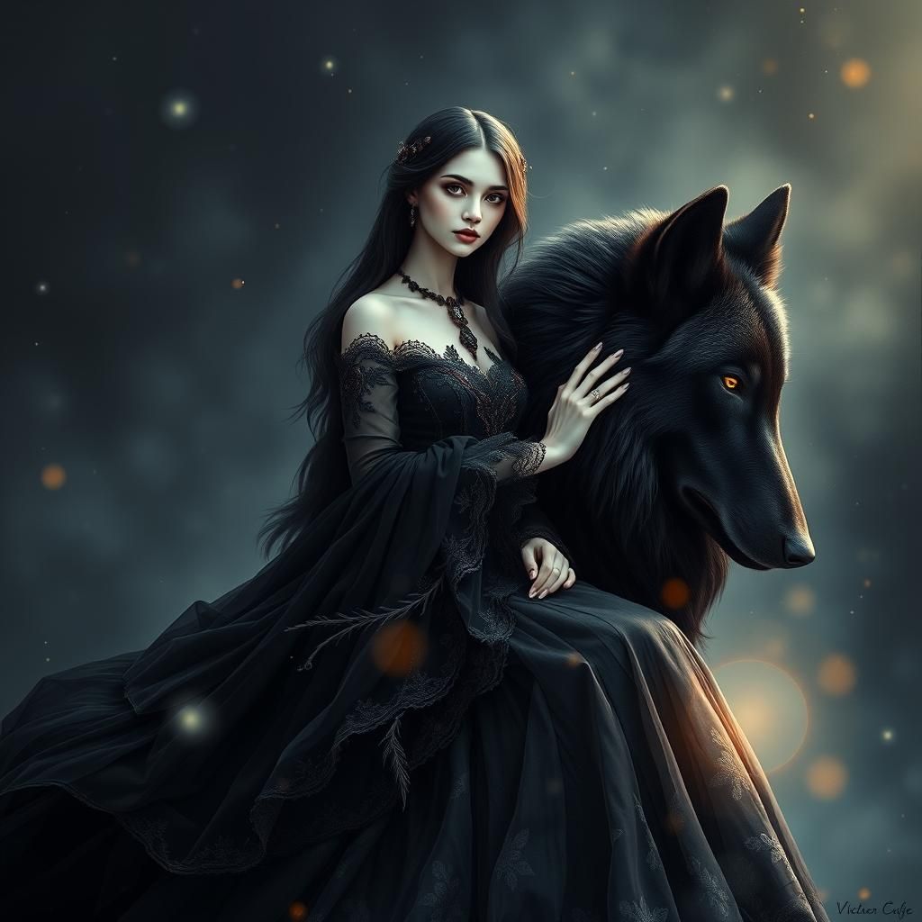 Victorian Woman on Wolf in Digital Watercolor Style