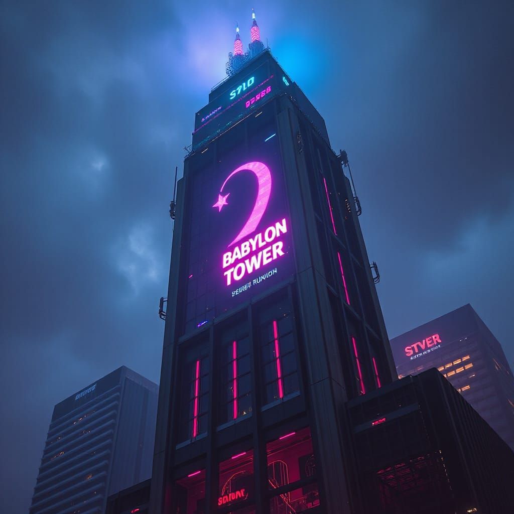 Cyberpunk Babylon Tower with Diverse Workers