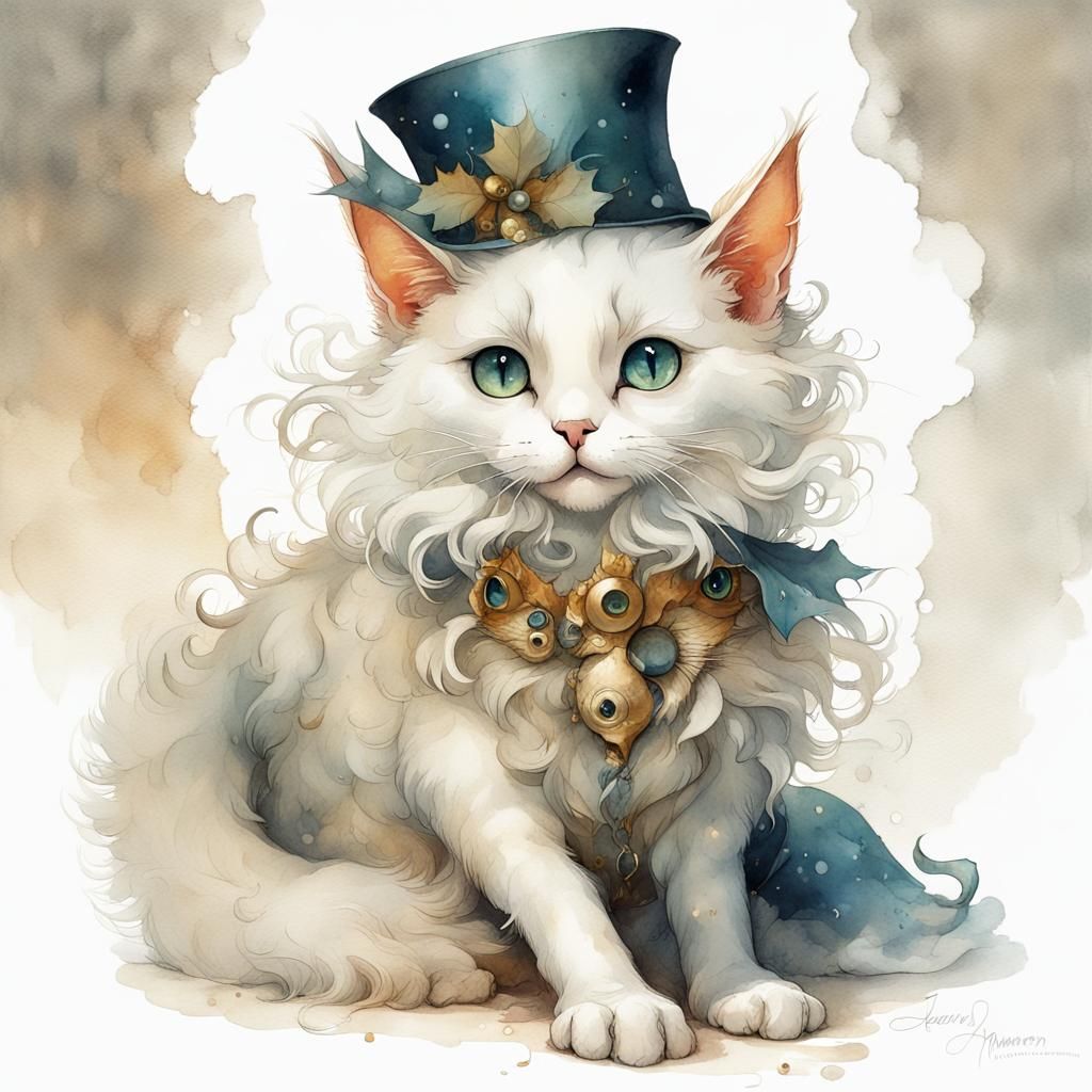 Dreamy Christmas Cat in Fantasy Watercolor Style