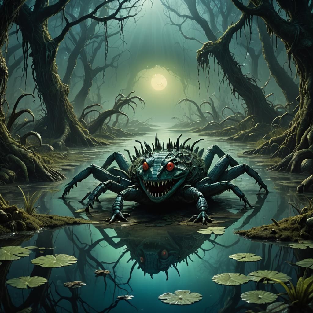Crocodile-Spider Hybrid in Tim Burton-esque Dark Fantasy