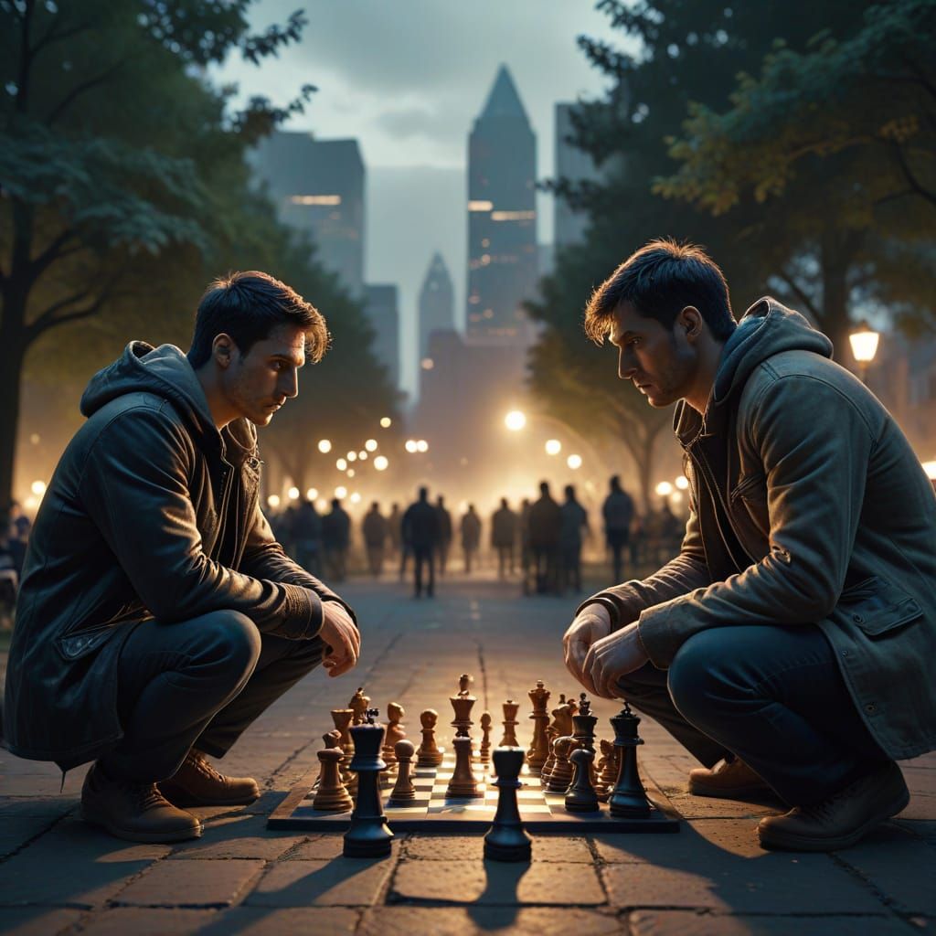 Explosive Chess Match in Street Park at Dusk