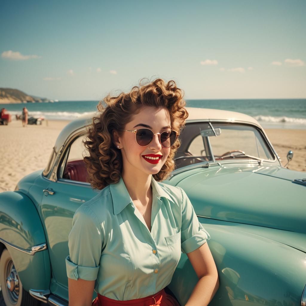 Retro Pin-Up Girl on Sunny Beach, Vintage Style