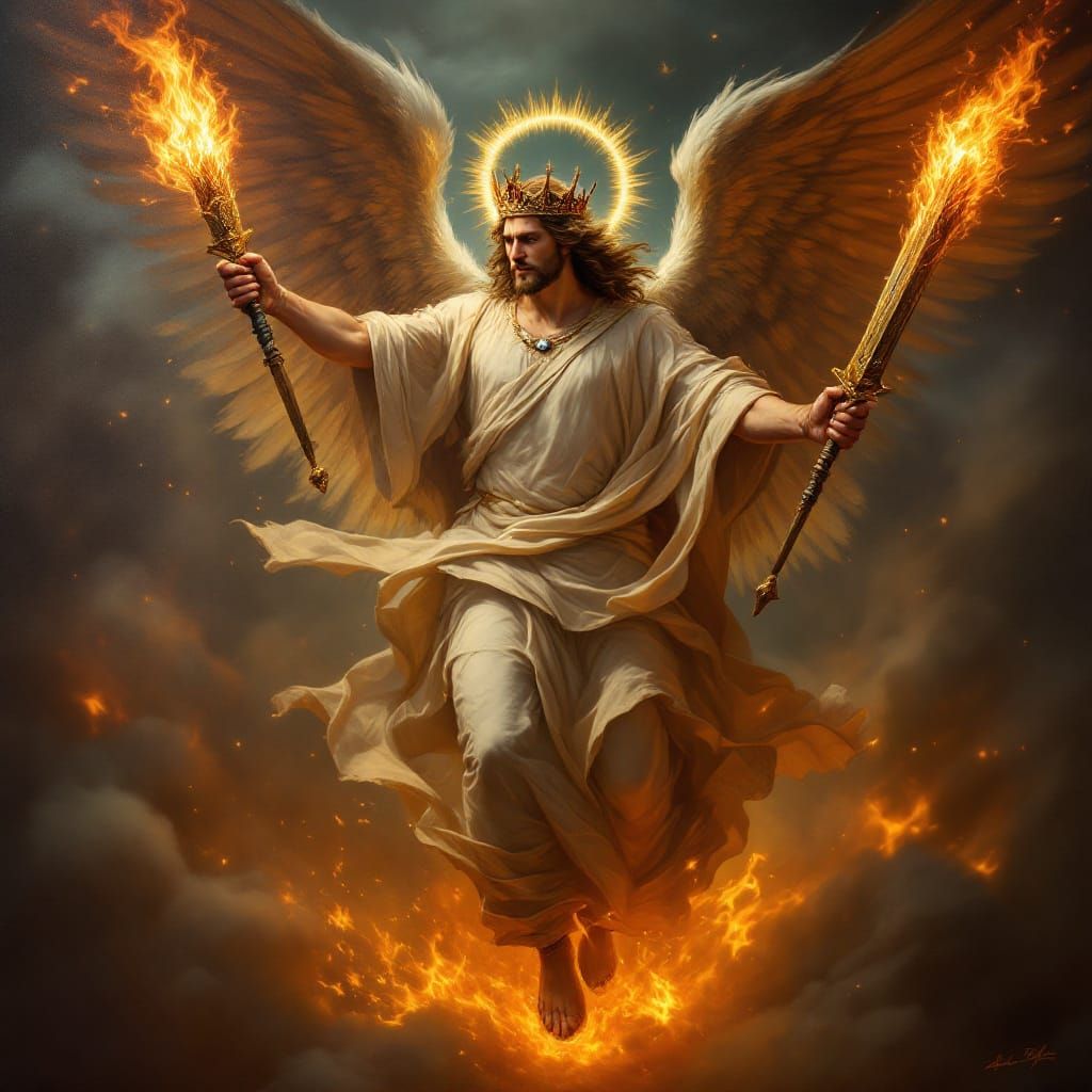 Angel with Flaming Swords and Fiery Feet in Baroque Style