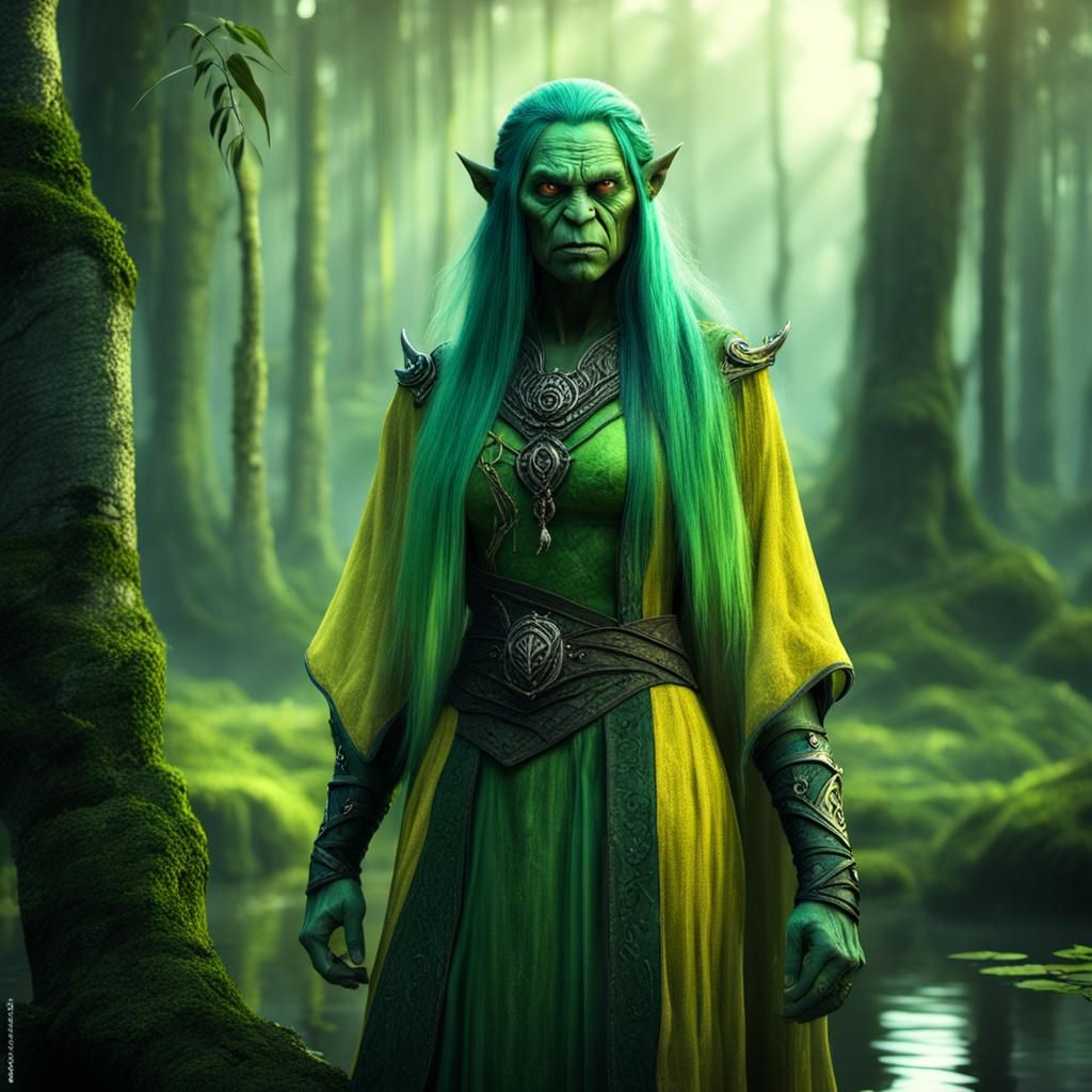 Female green shadow orc wizard