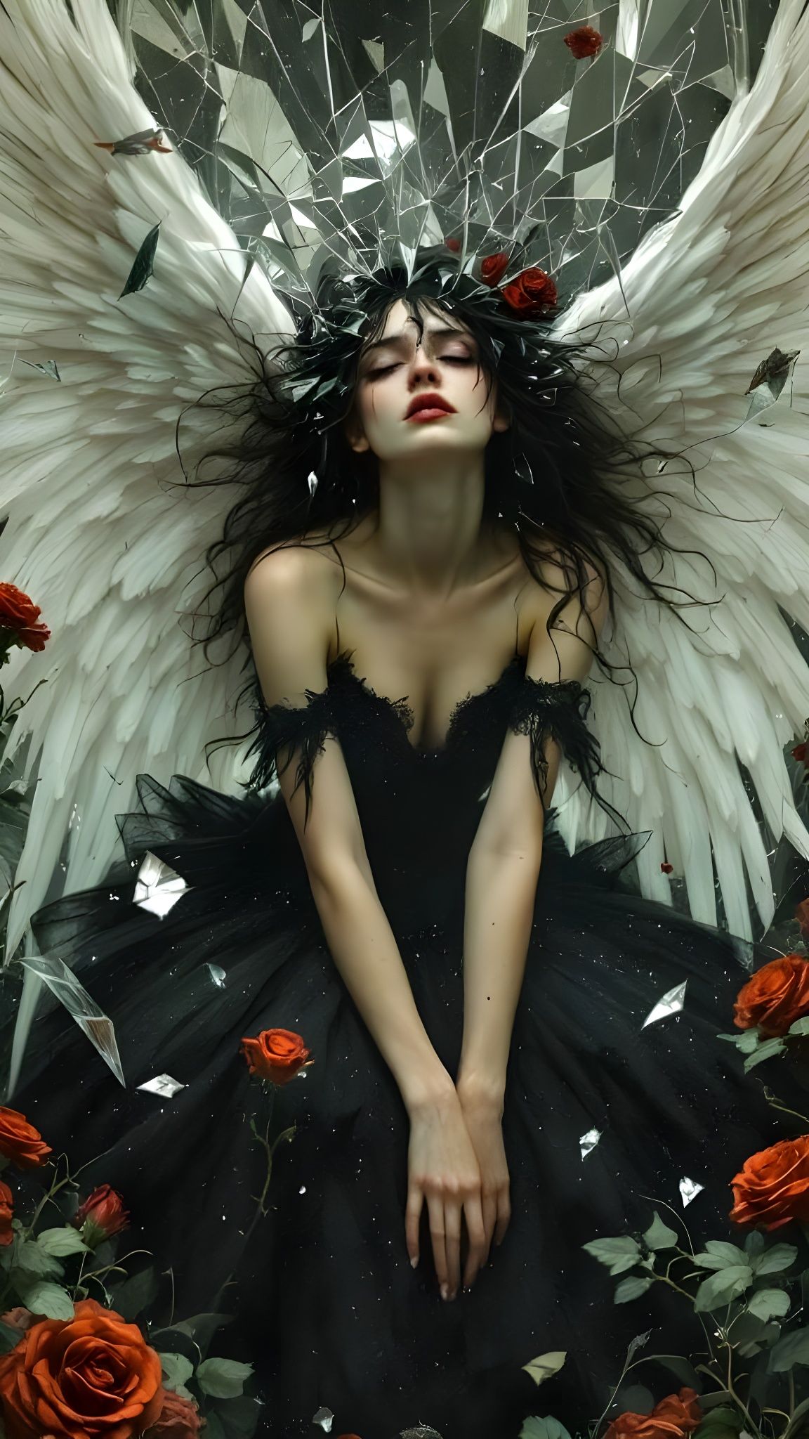 Distraught Ballerina with Angel Wings in Shattered Mirrors