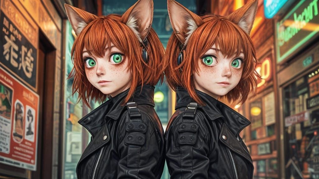 Cyborg Cat-Girl Twins in Neon Alley, Manga Style