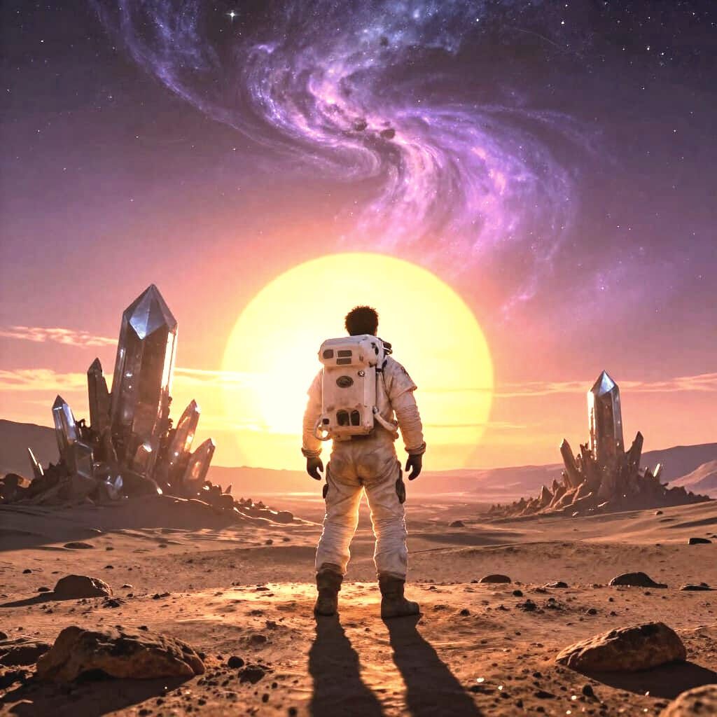 Astronaut on Alien World Under Cosmic Sky