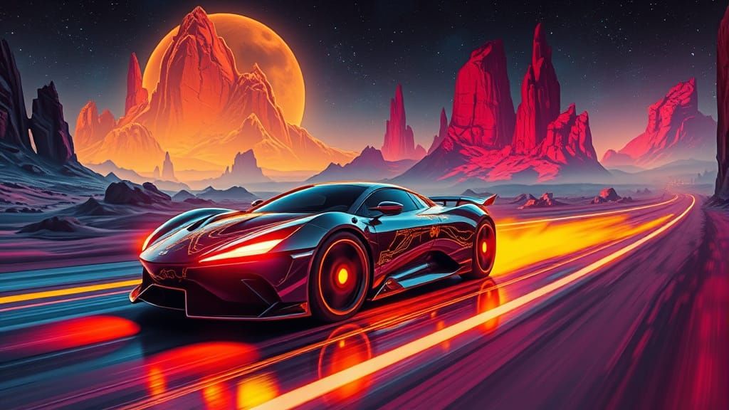 Cyberpunk Car on Alien Highway at Night
