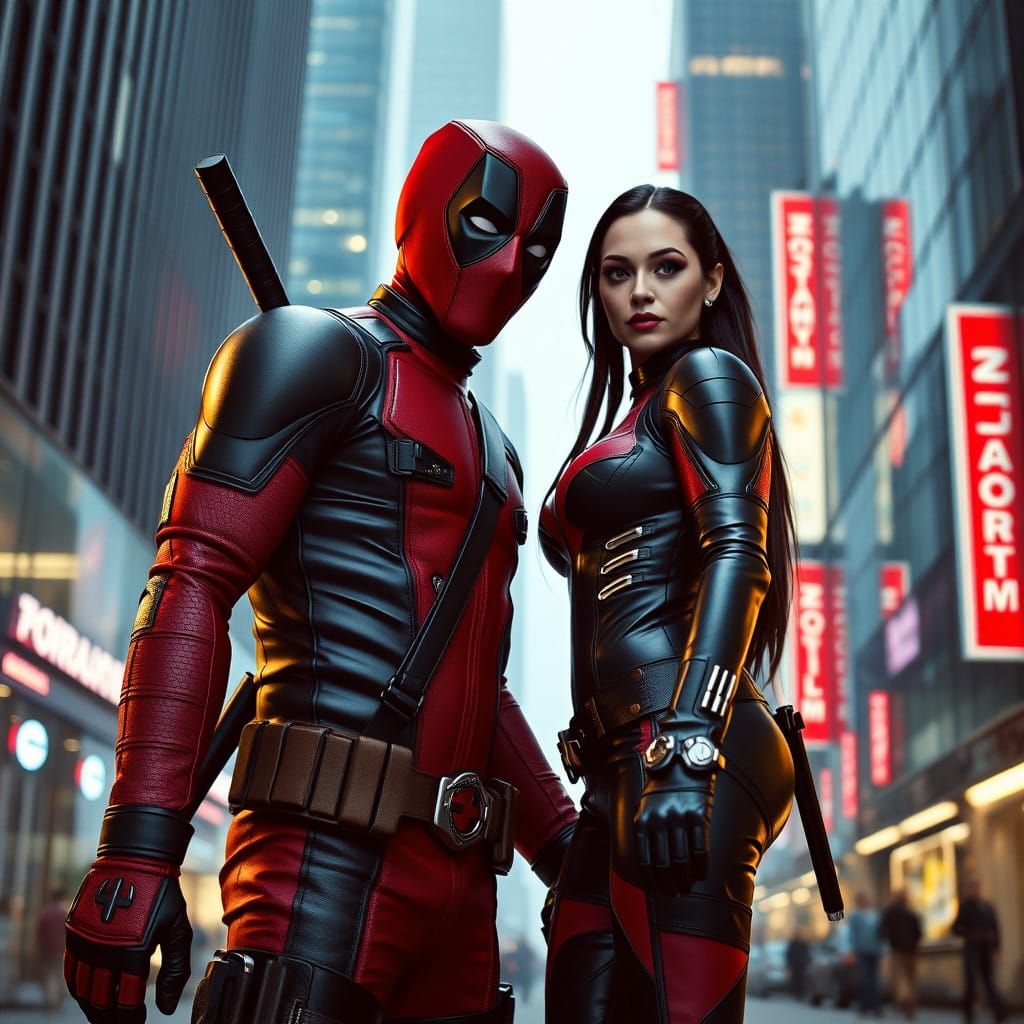 Deadpool and Psylocke in Futuristic Rotterdam