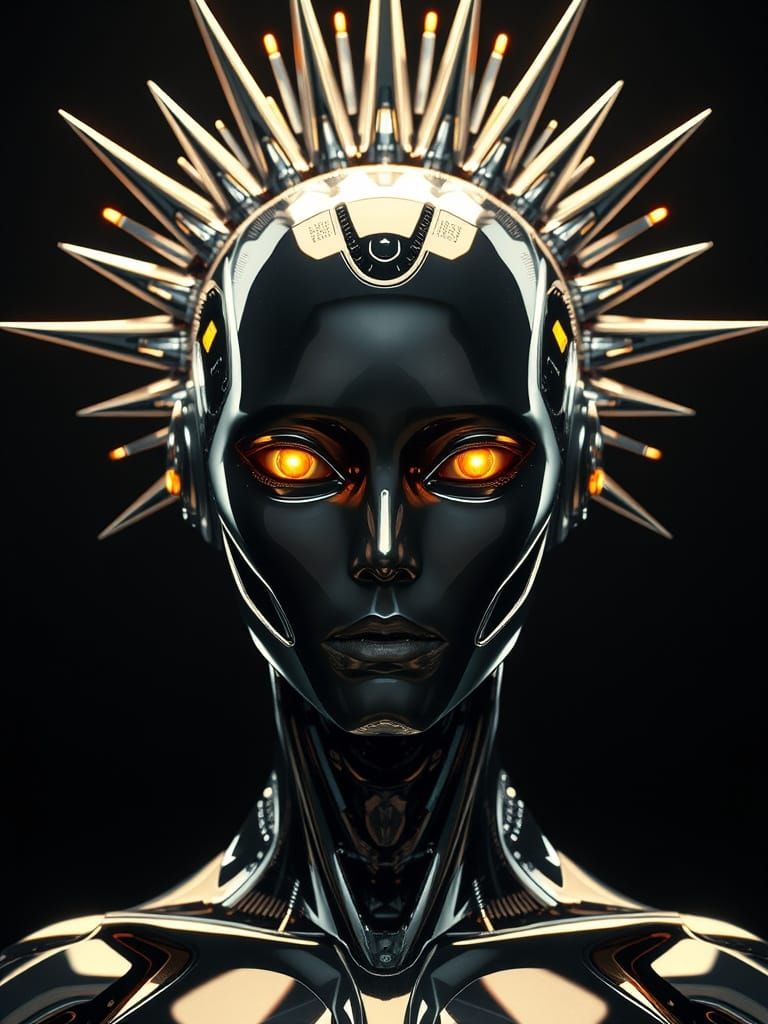 Cyberpunk Android Radiates Intensity in Chrome-Plated Glory