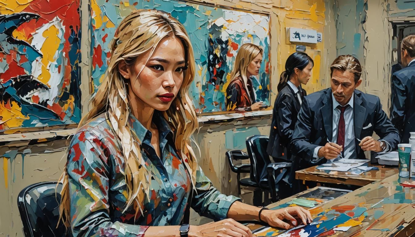 Vietnamese Woman at Bank as Impasto Painting