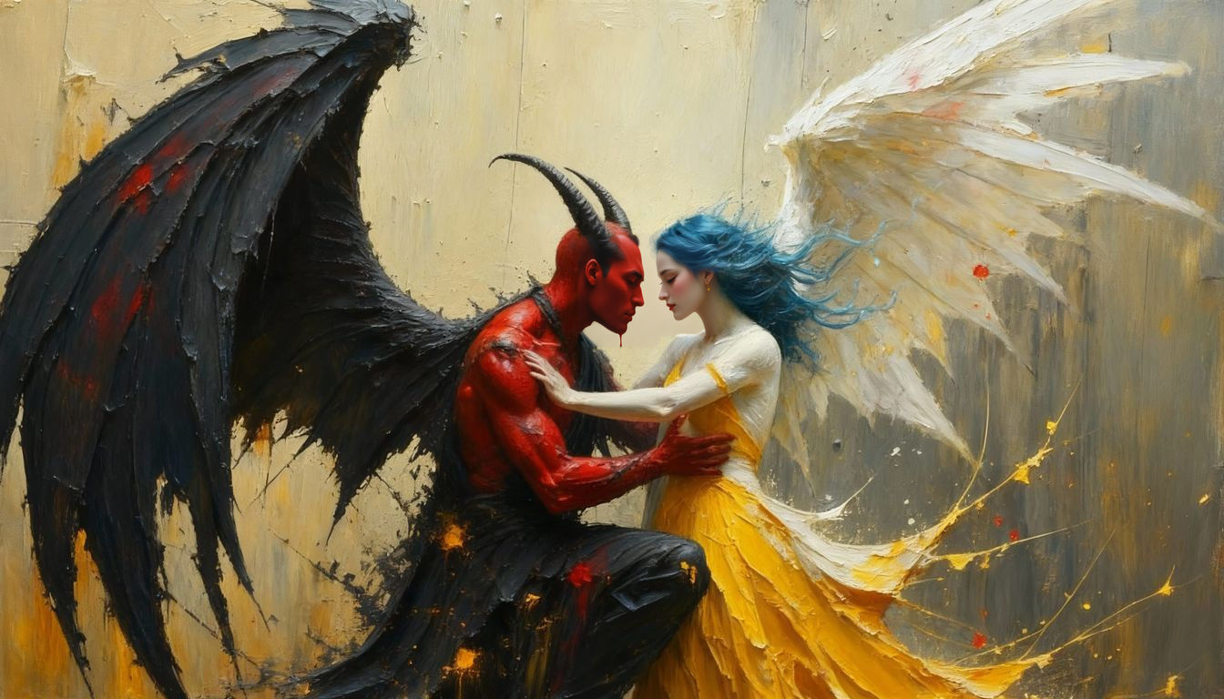 Tiefling and Angel Embrace in Oil Paint Fantasy Art