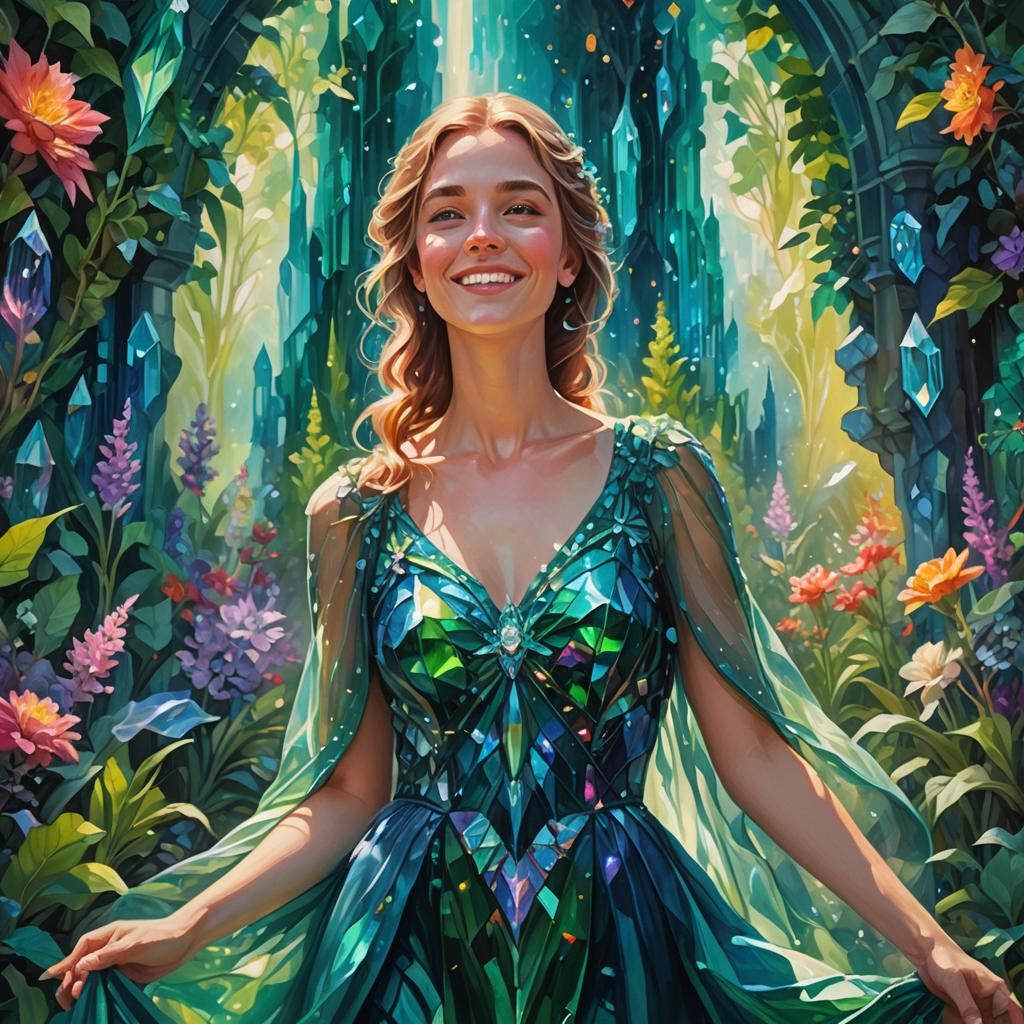 Dreamscape: Woman in Crystal Garden with Glowing Aura