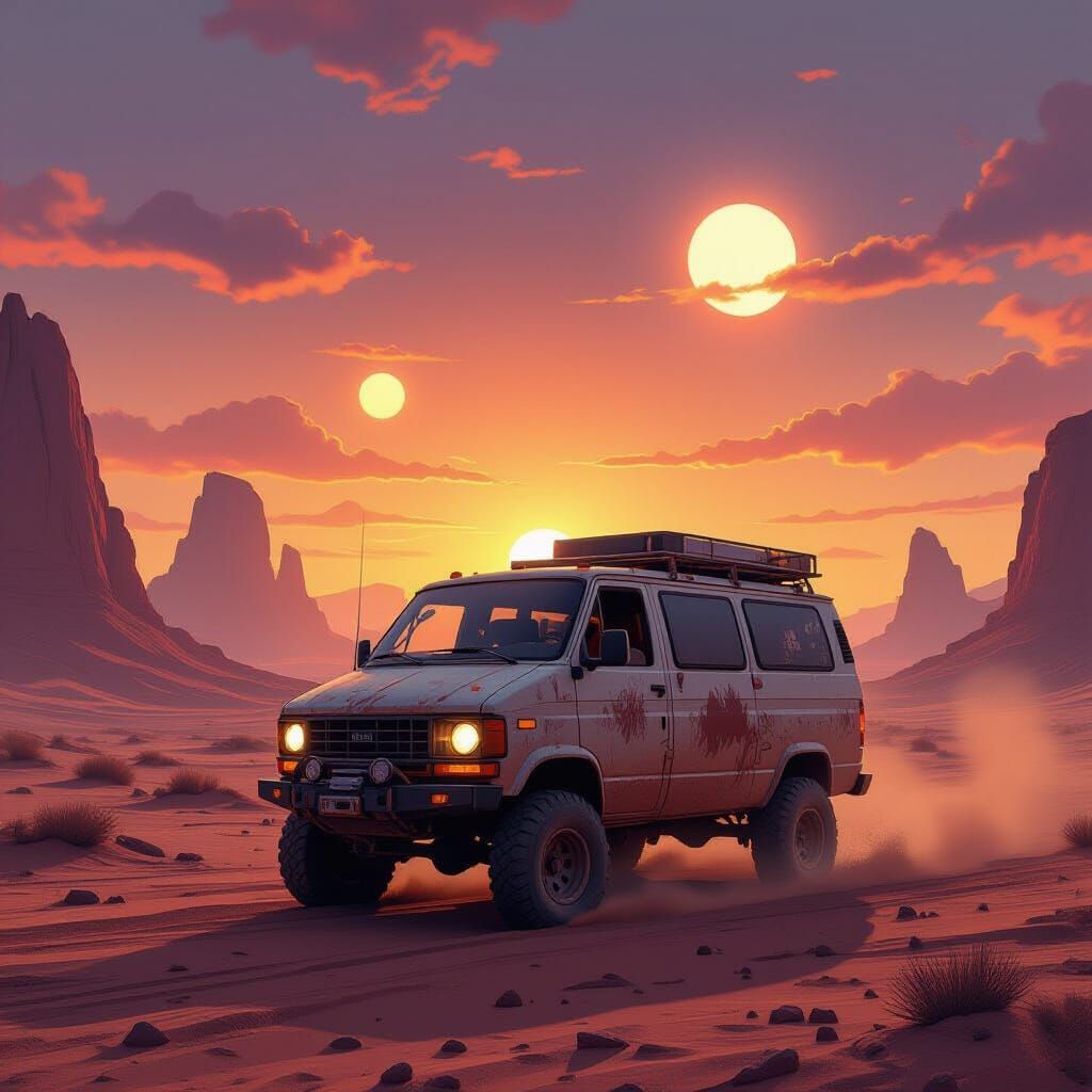 Off-Road Van on Alien Desert Under Binary Sunset