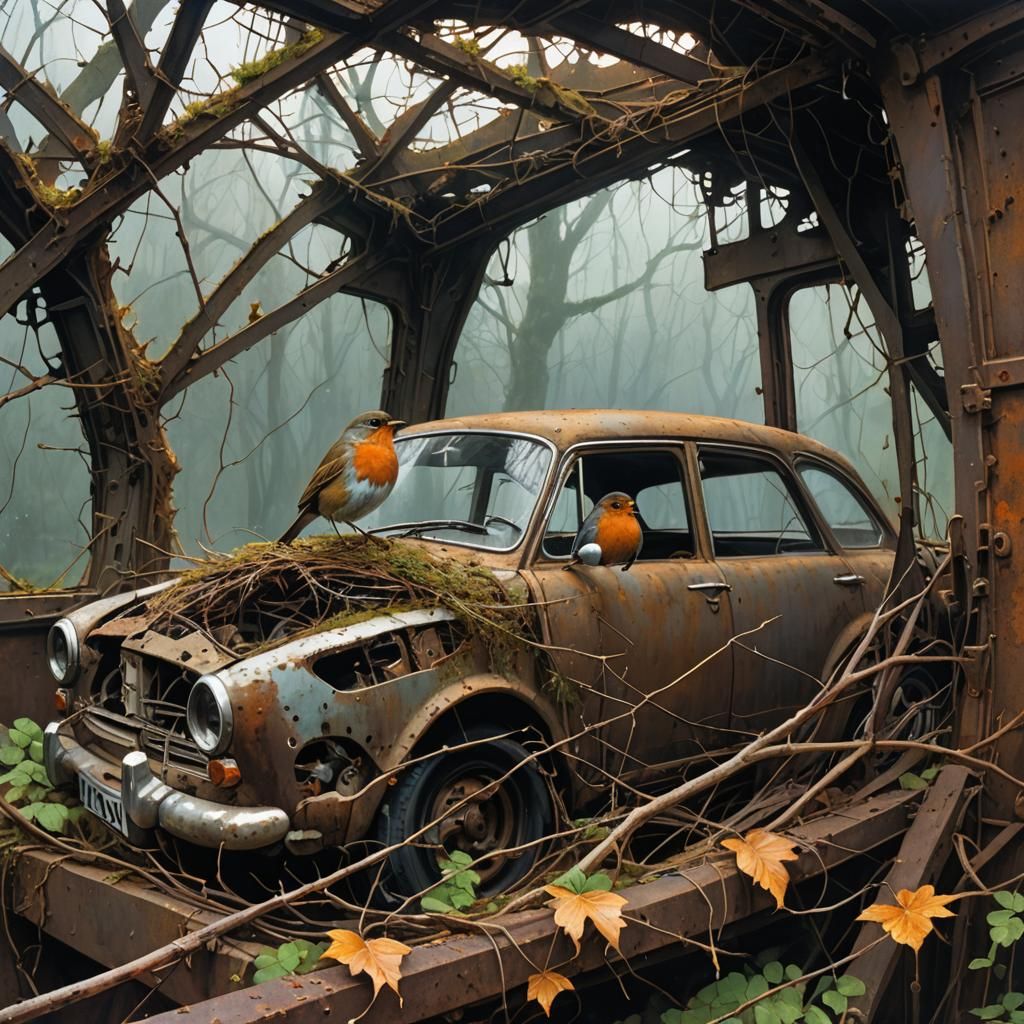 Robin's Nest in Rusted Car, Detailed Watercolor Art
